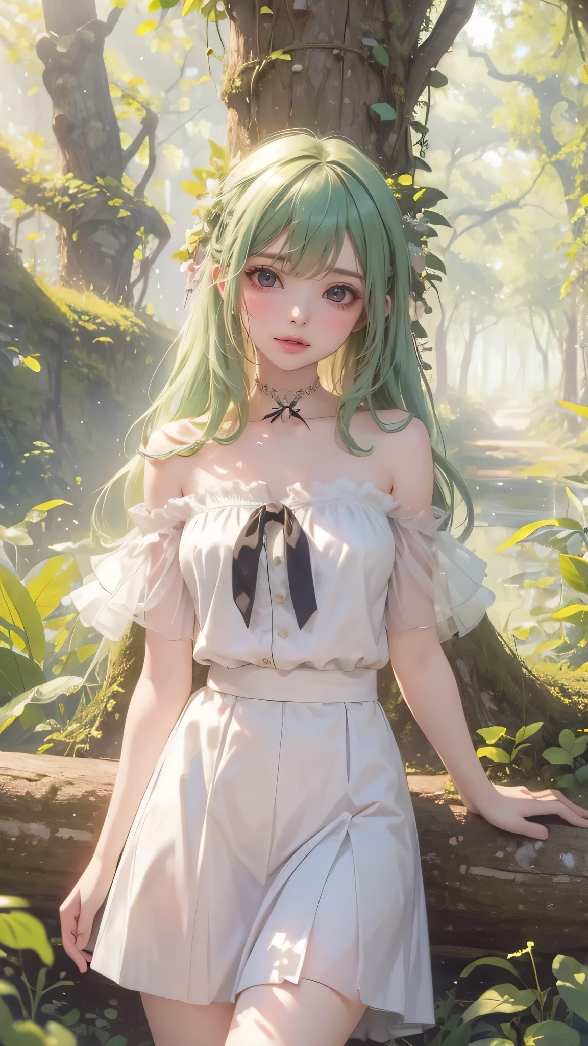 A close up of a woman in a dress standing in a forest - SeaArt AI