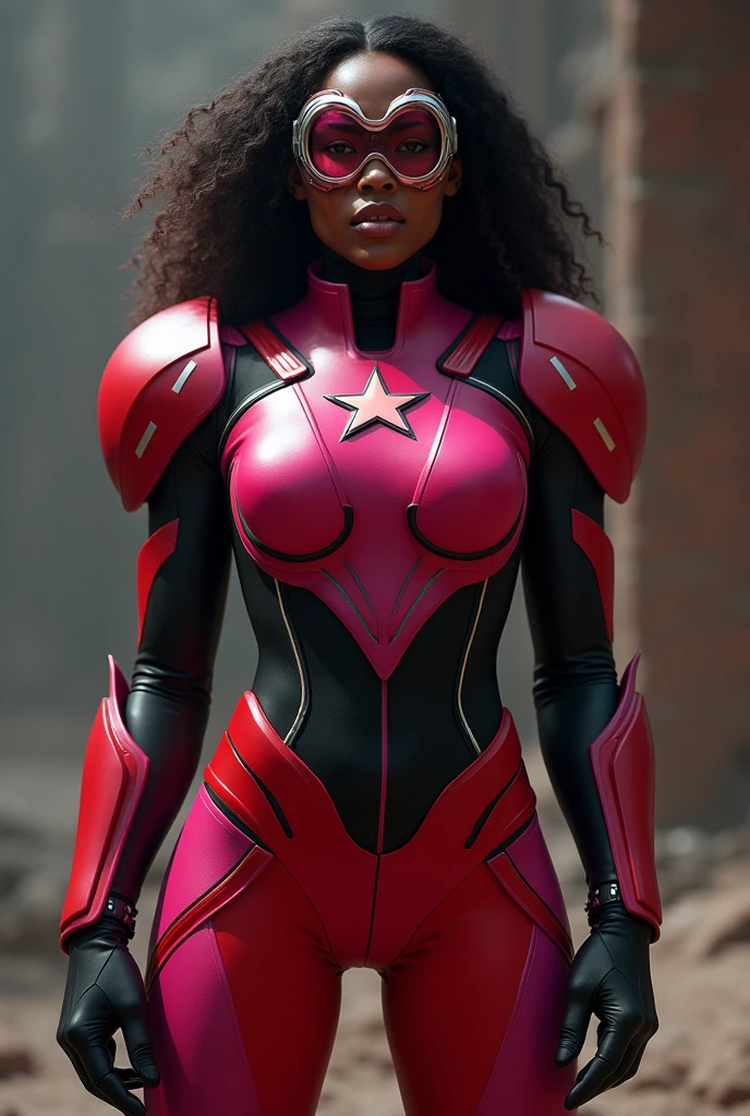 Curl hair. Beautiful teen Kenyan woman. Hero outfit color red. She wears a mask. . Hand logo on her hero outfit. EXTRAVAGANT FUTURISTIC JACKET. SHOW FULL PERSON. REALISTIC 