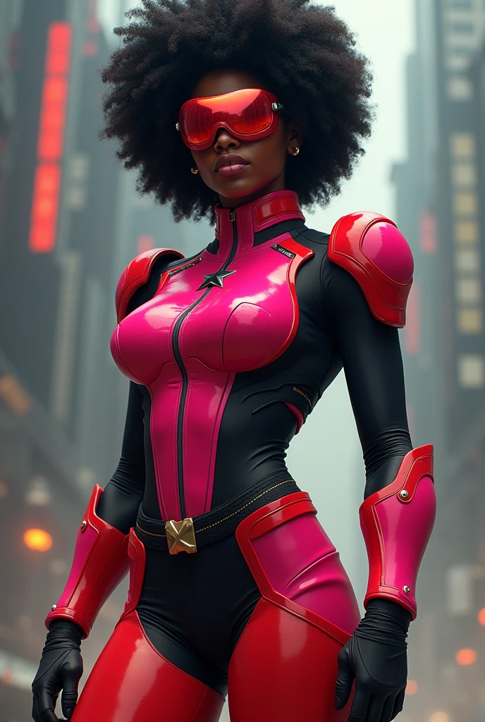 Garnet is a powerful and stoic character with a commanding presence. She is tall and athletic, with a muscular build that reflects her strength and resilience. Garnet’s skin is a deep, rich magenta color, and she has three eyes—two normal eyes and a third one in the center of her forehead—each covered by her signature square-shaped visor, which adds to her enigmatic and futuristic appearance.
Her hair is a large, perfectly symmetrical afro, which adds to her imposing figure. Garnet’s overall look is sleek and angular, reflecting her composed and calculated nature. Her outfit is primarily a black and red bodysuit with geometric patterns, emphasizing her status as a fusion of two gems. She wears fingerless gloves that extend up to her forearms, highlighting her powerful fists.
Garnet’s demeanor is calm and collected, with a deep, reassuring voice. She often remains silent, observing situations carefully before acting. Her third eye symbolizes her heightened perception and intuition, making her a formidable leader and protector.