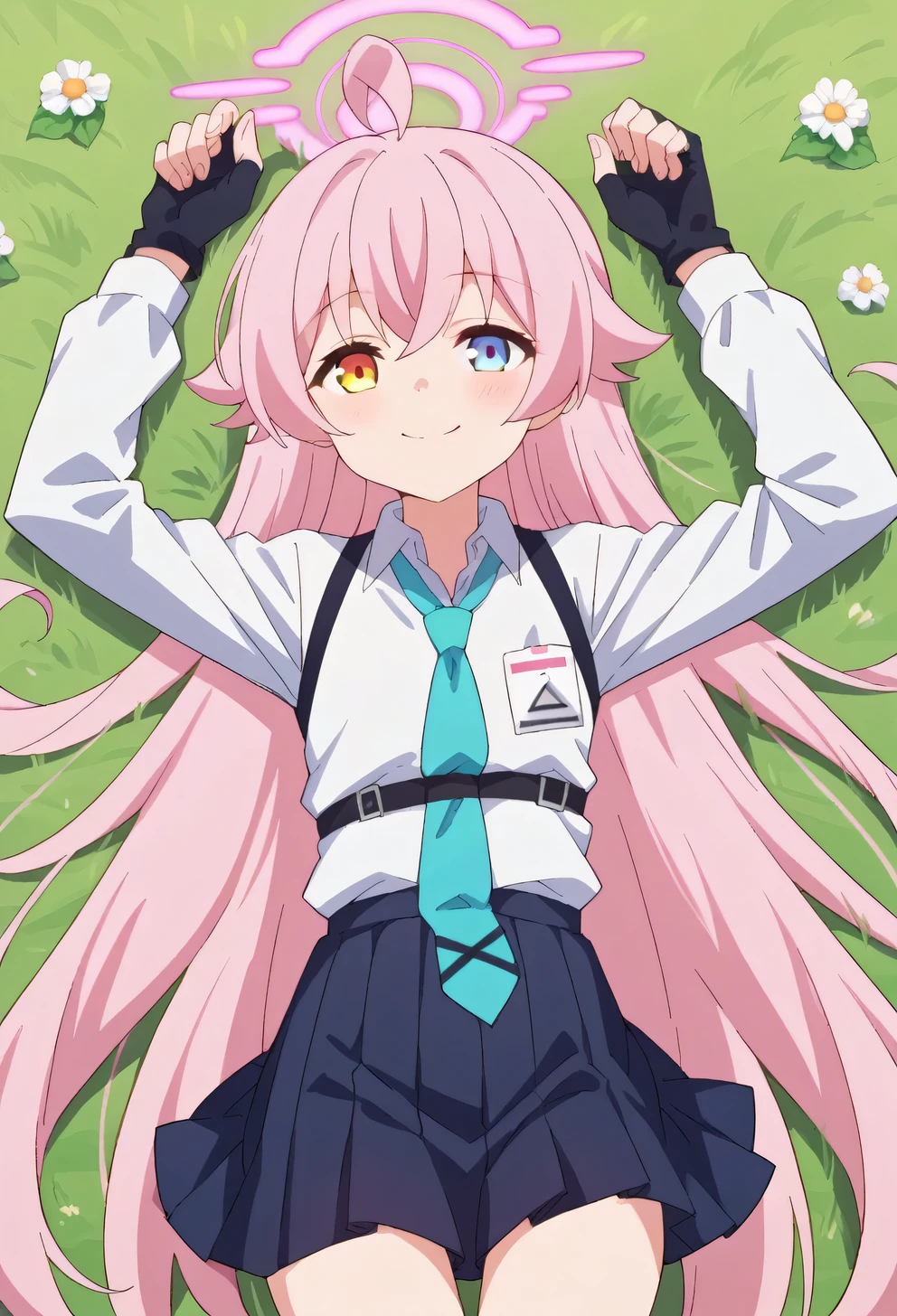 hoshino takanashi, ahoge, halo, long hair, pink hair, yellow eyes, very long hair, blue eyes, heterochromia,  fingerless gloves, gloves, necktie, pleated skirt, school uniform, skirt, long sleeves, shirt, white shirt, collared shirt, high quality, solo, lying, on back, arms up, spread arms, closed mouth, on grass, smile, cowboy shot, blushing, looking at viewer, smile, best quality