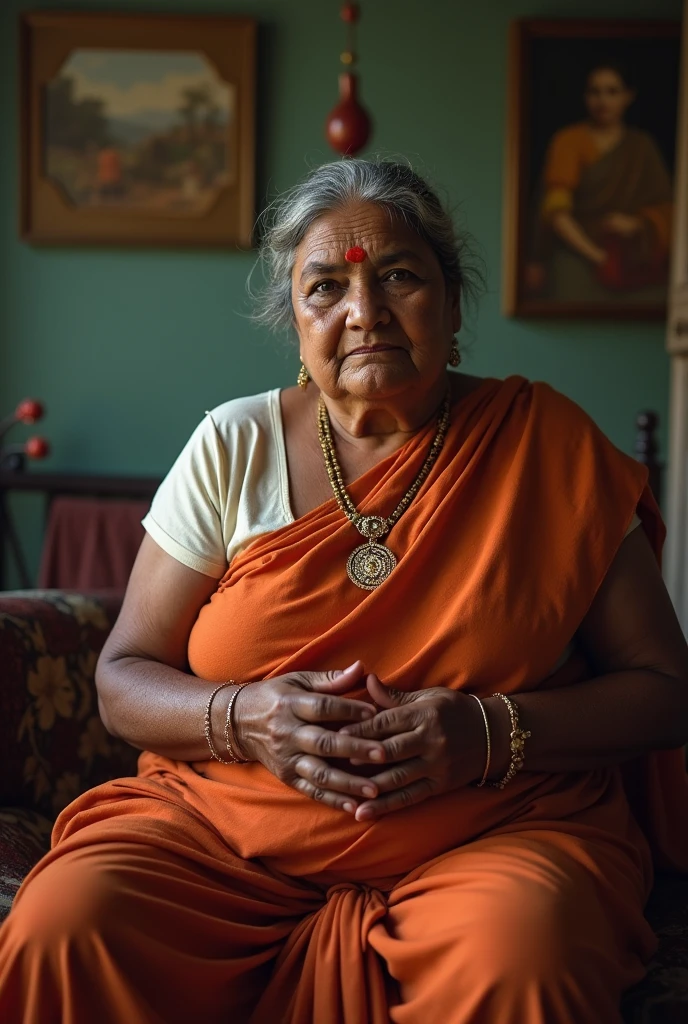 A Kerala auntie sitting in a bed without any dresses and bra