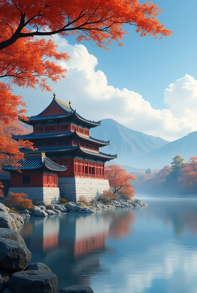 Dutch Golden Age painting, Fujicolor, sparkle, blurry, fading border, rounded corners, partially underwater shot, masterpiece, award winning, highres, 1080P, 8k,in a red dream world, A beautiful artwork illustration, There is a red poster,There are pictures of pagodas and flowers on it, of dreams