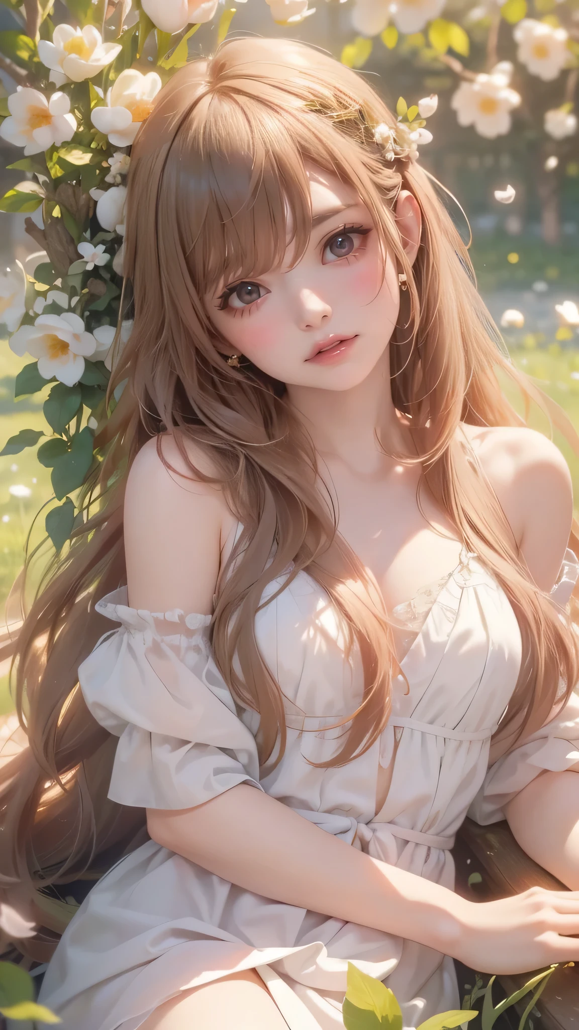 ((masterpiece, best quality, Highest image quality, high resolution, , Natural Lighting, Gentle smile, Flowing hair, Spring ephemeral plants