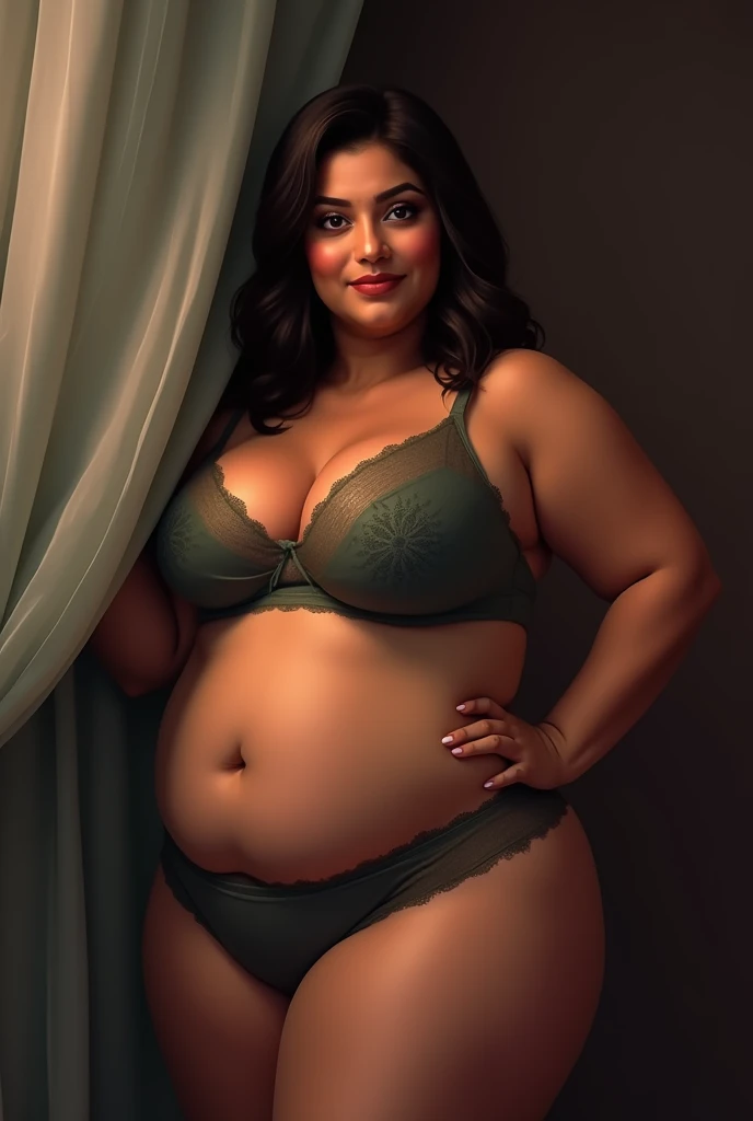 western woman, which measures 1.65 and weighs 178 lbs , with a fat percentage of 35 %%, Short dark brown shoulder length hair , medium wavy, light brown skin color, In underwear, in a room