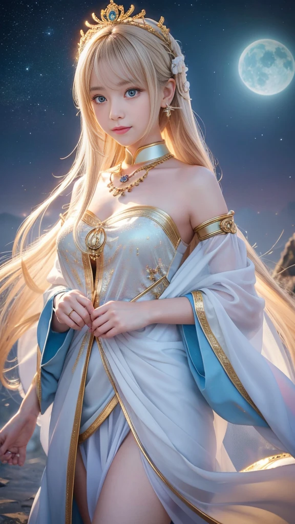 "Maiden of the Sun": Within a sacred sanctuary bathed in sunlight, depict the figure of a sun goddess, facing forward and emanating divine radiance. Zoom in to focus on her face, with light orbs gleaming in her hands, representing the life-giving power of the sun. Her hair is shimmering gold. The background should be predominantly pink, evoking a sense of divine splendor, with the addition of a blue sky to further enhance the feeling of openness and brightness. The setting is in heaven, enveloped in soft, bright light, where one can find tranquility and peace of mind, free from any trace of anxiety. Additionally, the light emanating from her hands should take the form of radiant hearts, resting gently on the palm of her hands.