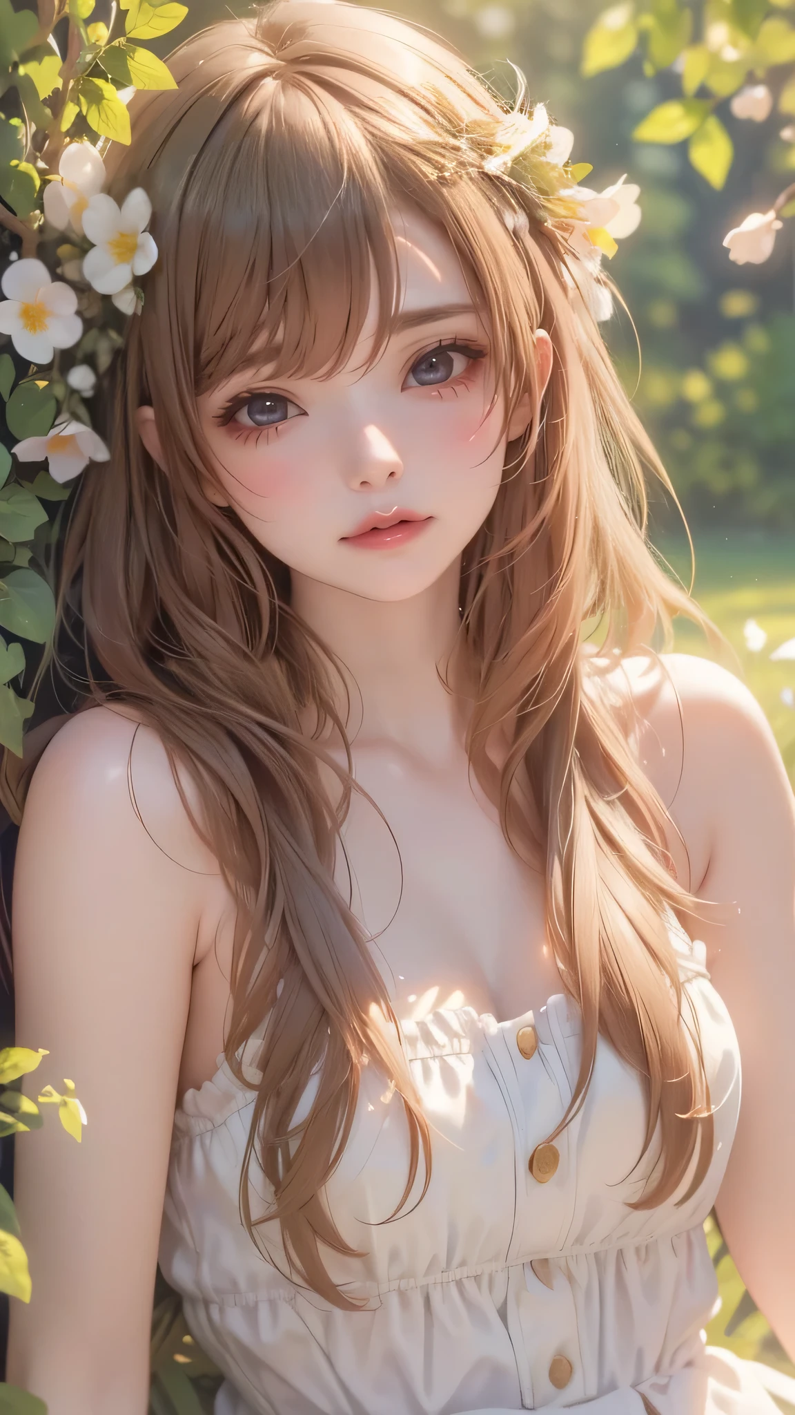 ((masterpiece, best quality, Highest image quality, high resolution, , Natural Lighting, Gentle smile, Flowing hair, Spring ephemeral plants