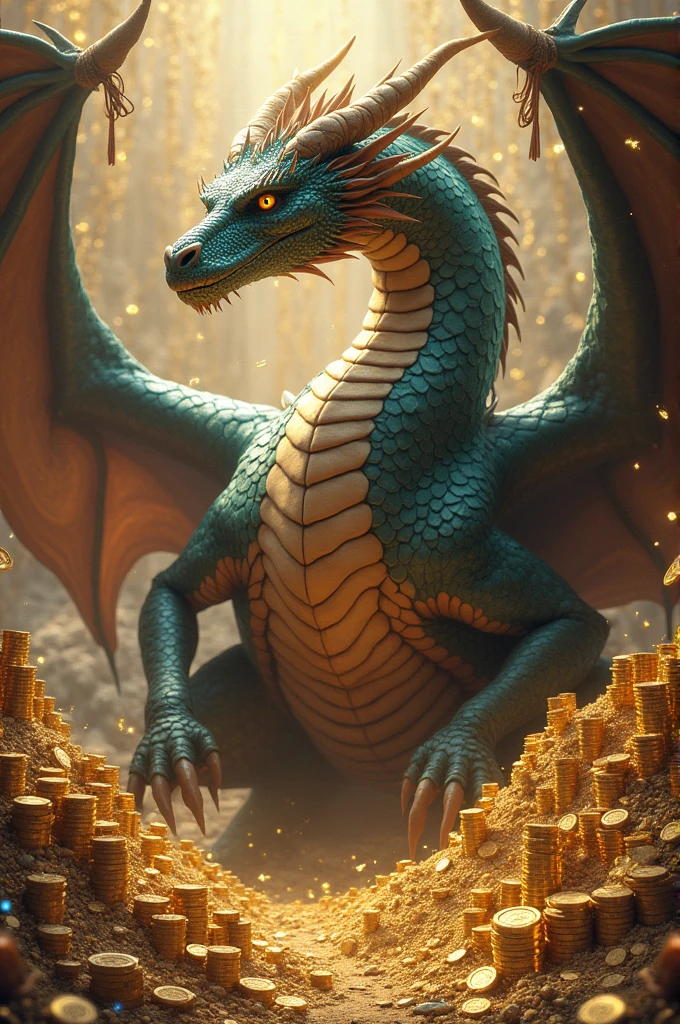 80s movies style,dark fantasy,dragon with 3 head, creepy,cave,gold coins
