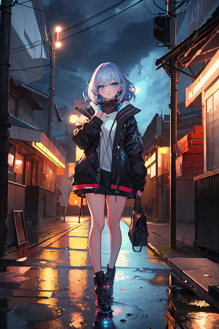 (best quality,4k,8k,highres,masterpiece:1.6),illustration,solo 1girl,beautiful detailed eyes:1.2,city street,reflective puddle,neon lights,rainy night,cyberpunk,dramatic lighting,moody atmosphere