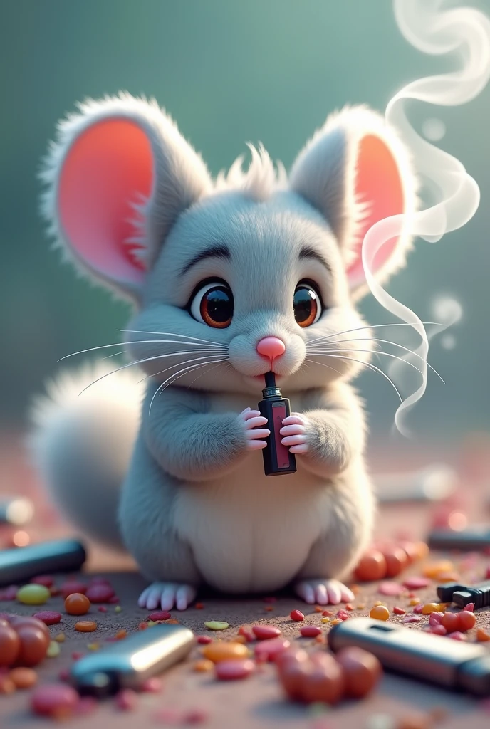 A chinchilla smoking an electronic cigarette, leaving a lot of steam in the air, and on the ground you see the other Vapes scattered, Best Quality, 3D cartoon，full body view, fancy, dreamlike, Surrealism, Super cute, trends on Artstation