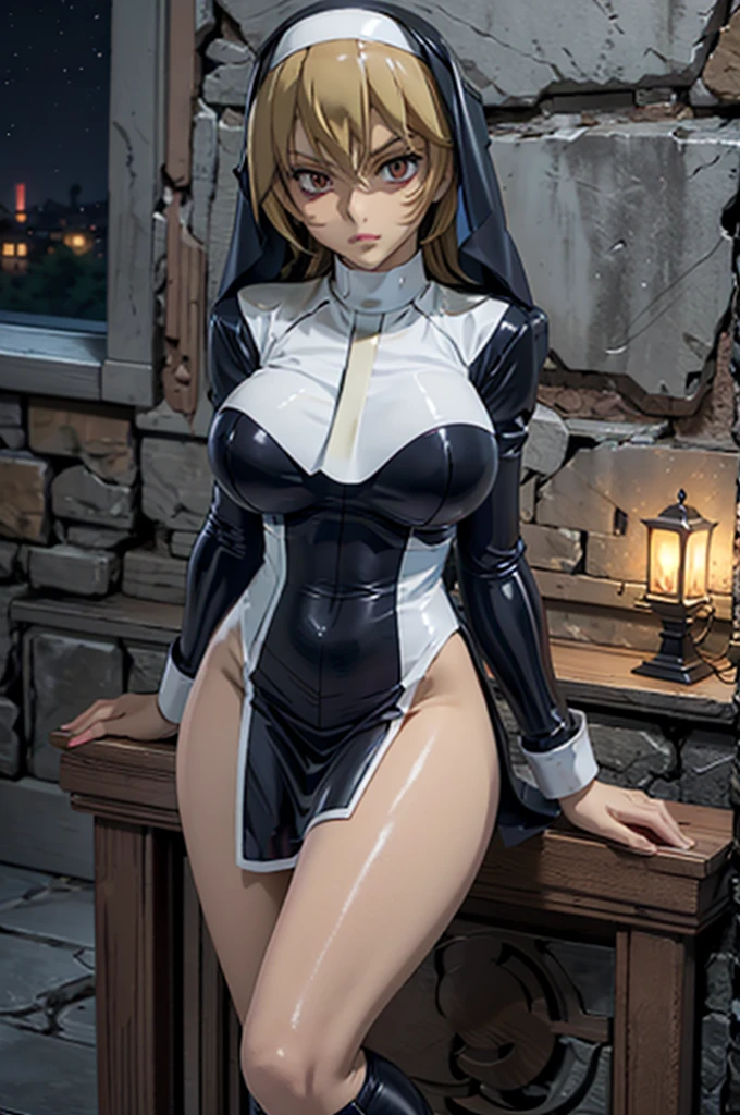 best quality, ultra-detailed, best illustration, masterpiece, high res (1girl), (huge breast), closed mouth, ((1girl)), ((((solo))), (((alone))), (((genderbend))), (((female))), wide hips, thick thighs, narrow waist, ((skin tight latex nun dress)), ((in a beautiful mansion)), ((anime artstyle)), long eyelashes, ((long black hair)), (((at night))), (red lipstick), (black eyeshadow), (in the dark)