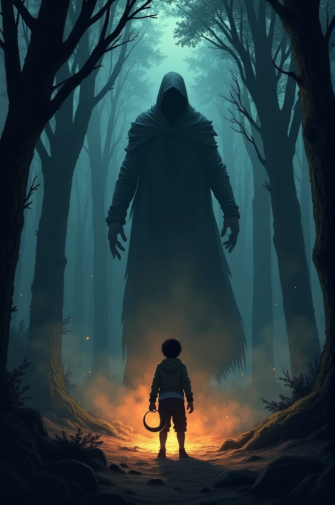 In a dark and eerie atmosphere, a person stands alone in an unknown place. From behind, a ghostly or terrifying creature with glowing eyes appears to be watching them. Shadows seem to wrap around them, and the details of the creature are highlighted in a faint light, adding a strong sense of fear and anticipation.