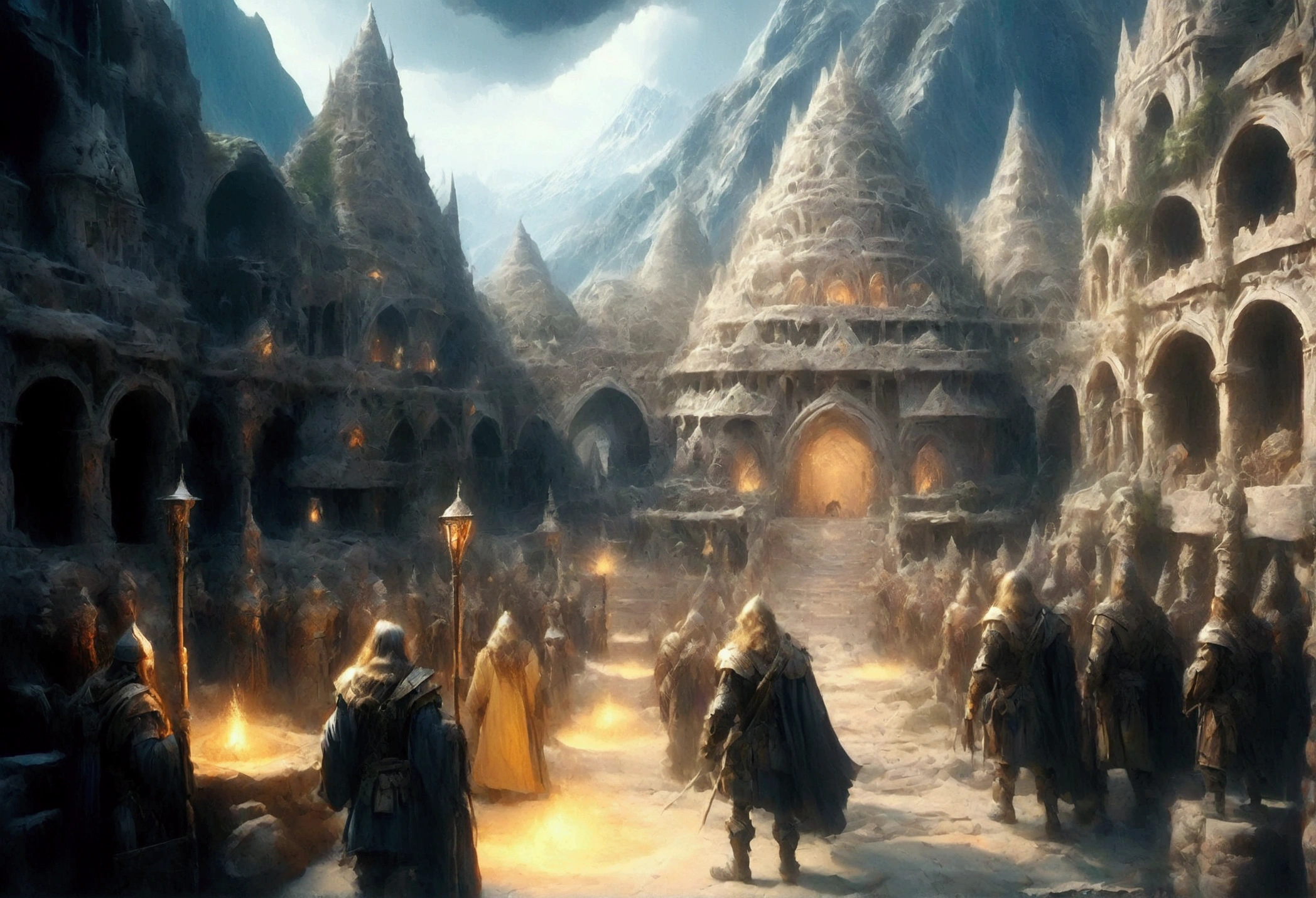 oil art, comic art ancient dwarven city, deep city, built into the mountain, massive forge, long corridors, epic Undermountain city, 