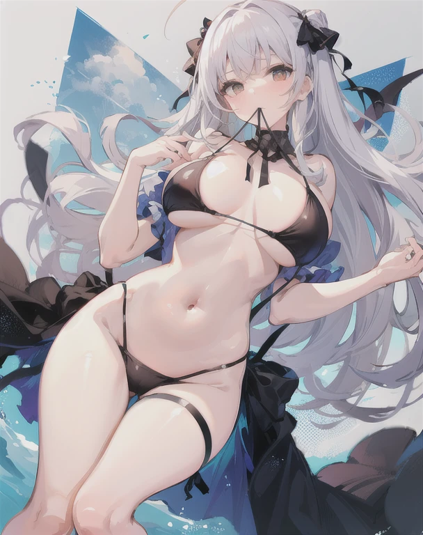 One girl, Large Breasts,Hold your mouth, black_bikini, white_hair,length_hair, belly button,