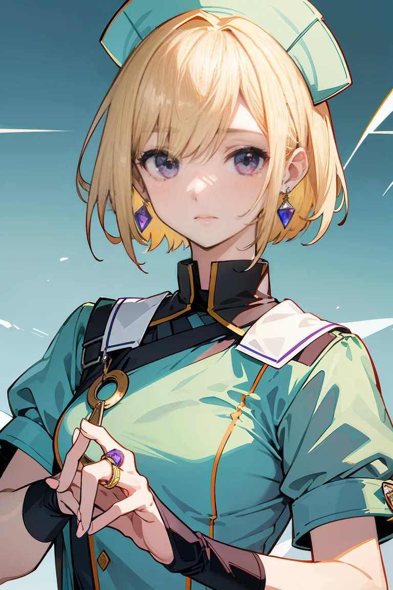 score_9、score_8_up、score_7_up、Source Anime、Rating Safety、Intricate details、1 girl、Shamal、short hair、Blonde Hair、Purple Eyes、Earrings、jewelry、ring、gem、Green nurse&#39;s cap、Armored Dress、armor、Light green jacket、White Dress、Long sleeve、Layered Dress、Cowboy Shot、smile、Looking at the viewer