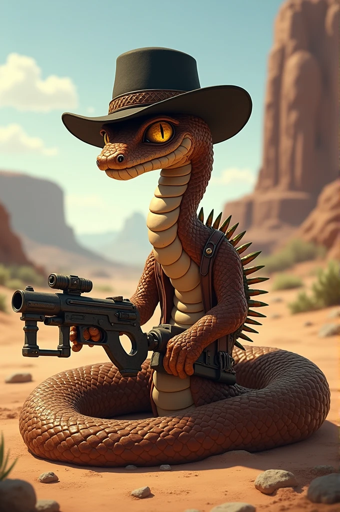 A brown rattlesnake wearing a black hat, wrapped in cold ammunition, and at the tip of the tail where the rattle would be there is a minigun attached to it as part of the tail. Use Jake Cascavel from the animation Rango as a reference. I would like the art in a fantasy RPG style, in the old west.