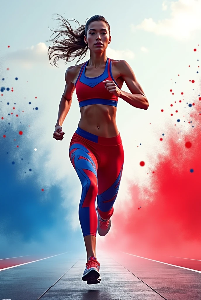 Woman athlete running, surrounded by colored smoke and behind her the 5 rings of the Olympics