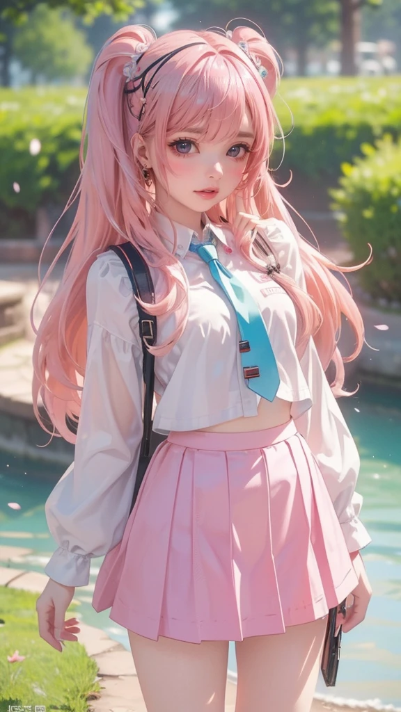 artbook, best quality, in the rain, night, 8 years old Chinese girl, student, long hair, pink hair, wet hair, light blush, watery eyes, big breasts, seifuku, bare legs,