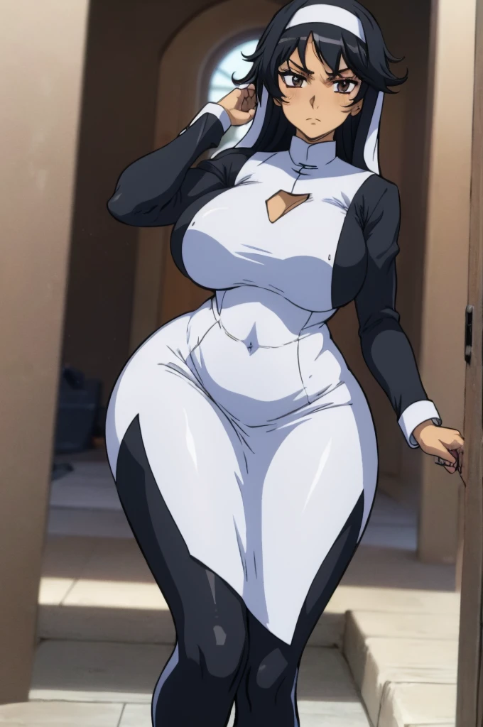 closed mouth, (), ((1girl)), (((genderbend))), (((female))), wide hips, thick thighs, huge breast, narrow waist,  ((skin tight nun dress)), ((anime artstyle)), long eyelashes, long black hair, bored , (((at day)))