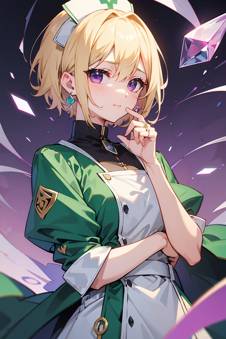 score_9、score_8_up、score_7_up、Source Anime、Rating Safety、Intricate details、1 girl、Shamal、short hair、Blonde Hair、Purple Eyes、Earrings、jewelry、ring、gem、Green nurse&#39;s cap、Armored Dress、armor、Light green jacket、White Dress、Long sleeve、Layered Dress、Cowboy Shot、smile、Looking at the viewer