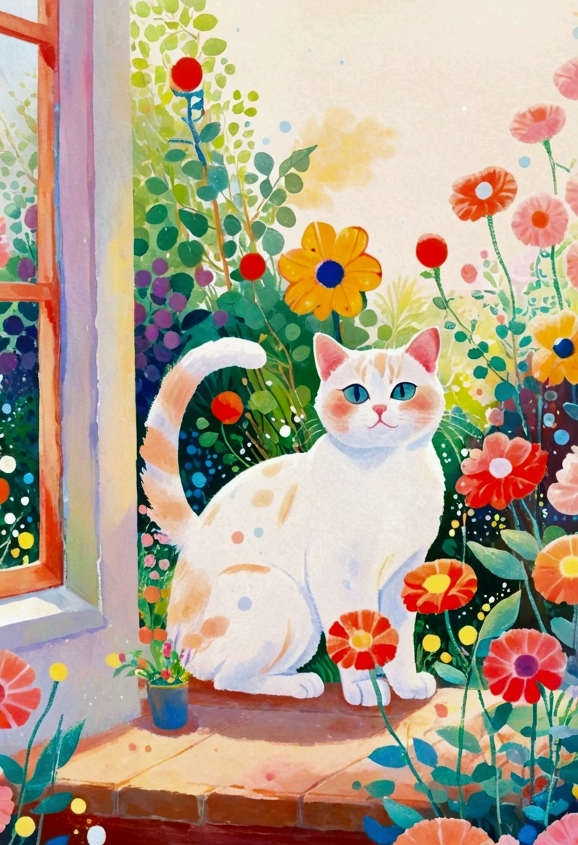 A painting：White cat, Natural expression, White fur, No visible accessories, Stand on the windowsill, Looking at the camera, Outdoor garden scene, Colorful flowers, 