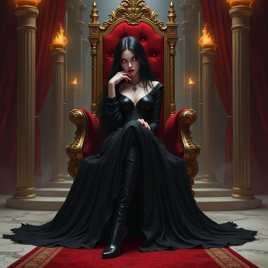 A sexy evil queen sitting on a throne has a hitman leaning reverently in front of her in the background a room with both gothic and steampunk elements