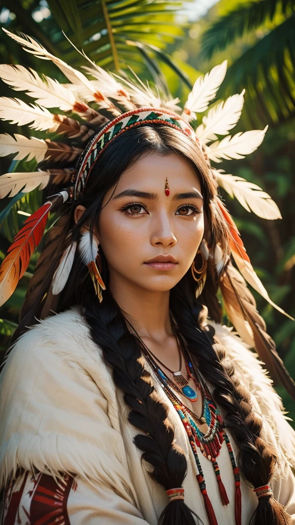 Woman of 28 years south America, perfect face looking at the orisonte with a small scar on the Buchecha, long dark catanho hair with, indigenous feathers on the head maquiada with Mexican skull, necklaces indigenous medium breasts half neckline, rustic cloth covering part of the body indigenous painting on the left arm, background with forest half blurred nature with a lot of life,  Ultra 8K High Resolution Image --auto --s2