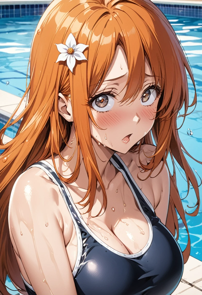 masterpiece, Highest quality, High resolution, (Orihime Inoue),(BLEACH),1990s \(style\),School Swimsuit、(G-cup busty)、tall、Sweating all over the body、vapor、Muscular、sexy、A face writhing in pleasure、The whole body is covered in sex fluids、Sweaty、Configuration from the front、Ahegao、Anime-style painting style,Orange Hair、Long Hair、６A small flower-shaped hair ornament,Big eyes,Composition focusing on the upper body,The background is the pool