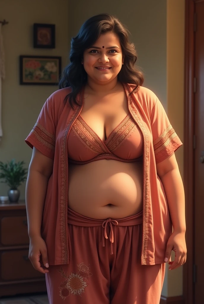 Pregnant Indian woman with big round  in underwear in restroom of flight