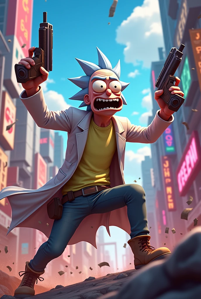 rick sanchez, black eyes, blue hair, labcoat, brown pants,looking at viewer, serious, angry, sitting, on stool, inside arcade, arcade cabinet,hand, middlefinger, neon lighting, high quality, masterpiece <lora:rick:.7> <lora:midfinger-wasabiya:1>
