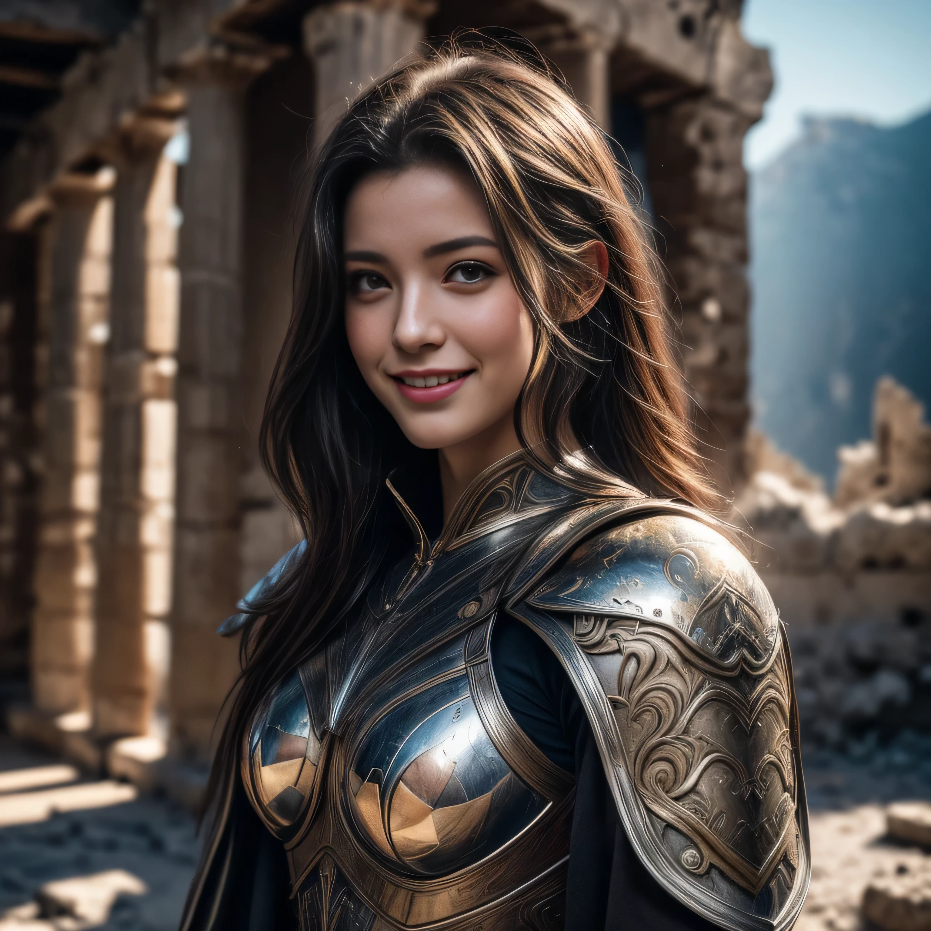 design, interrior, interriordesign saint_cloth, divine_armor Masterpiece, best quality, (highly detailed raw photo:1.3), 8k render in octane, volumetric lighting, volumetric shadows a portrait of a woman, (armor reflexions:1.4), laughing, cloak ((realistic highly detailed greece ruins background))