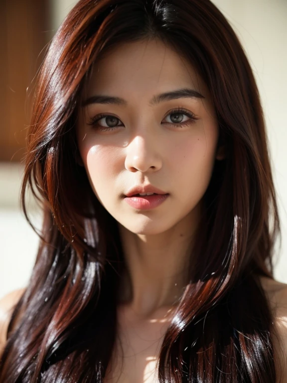 realistic (Masterpiece, best quality), Beautiful Japanese girl with long hair ,red hair