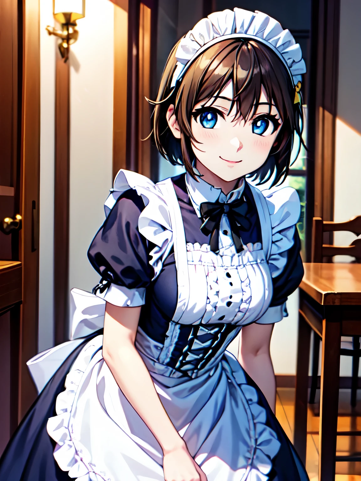 masterpiece, Highest quality, One person,Shooting from the front、Standing、(Anime illustration style) 、yagami hayate,indoor、Standing,Hair Ribbon,hair ornaments,Closed Mouth、smile、shirt、White maid outfit、(victorian maid outfit:1.5)、Bright blue eyes、Beautiful Eyes, Sharp pupils、(Genuine、Realistic、Realistic:1.3)、High resolution、超High resolution,Leaning forward