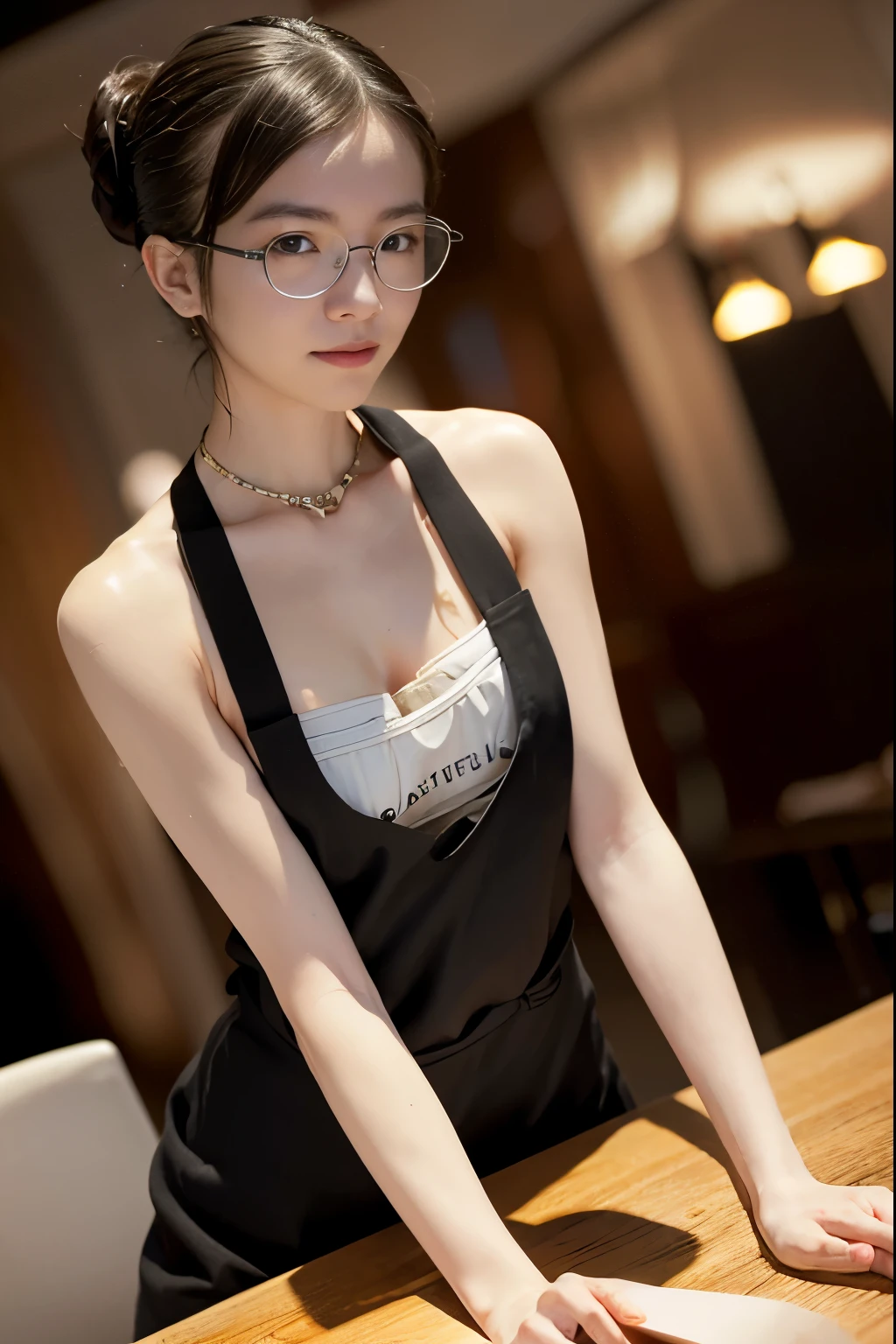 Beautiful 25yo female wearing naked apron, black leather apron, thin black-frame glasses, short silk-brown hair, white teeth smile happy face, tattoo, big breasted, cooking in the kitchen , soft lightning, deep shadow, beautiful photography