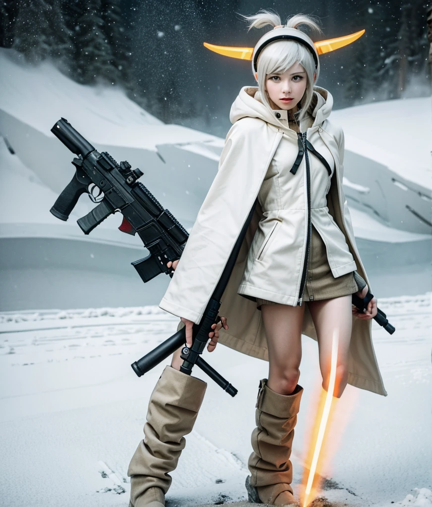 1girl, solo, long_hair, looking_at_viewer, short_hair, bangs, white_background, original, standing, weapon, yellow_eyes, full_body, boots, white_hair, holding_weapon, gun, orange_eyes, headgear, snow, holding_gun, cloak, mecha_musume, huge_weapon