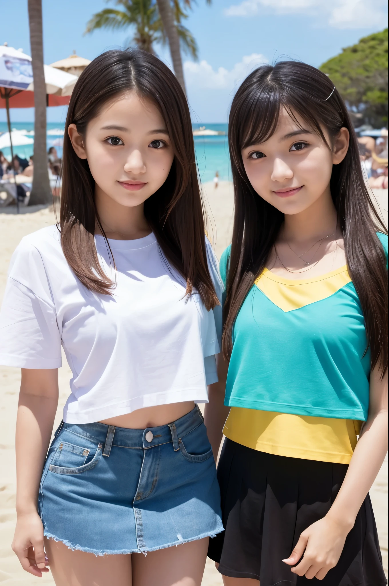 Two girls (21 years old, Japanese cute face) are wearing white Tshirts, mini skirt at the beach bar