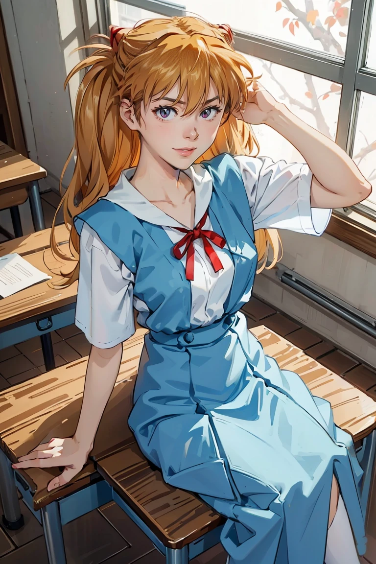 （8K, Highest quality, Pieces fly:1.2)、Dynamic Angle, Ultra-high resolution、anime,1 very cute girl,Asuka Langley,Highly detailed face, Fine grain,blue eyes,,White sailor collar plain short sleeve shirt,Light blue skirt,Light Blue Suspenders,uniform_Red ribbon,Orange Hair,Long Hair、Detailed hand and fingers,put your hands in your hair,Grin、sitting on desk,Shooting from above,classroom