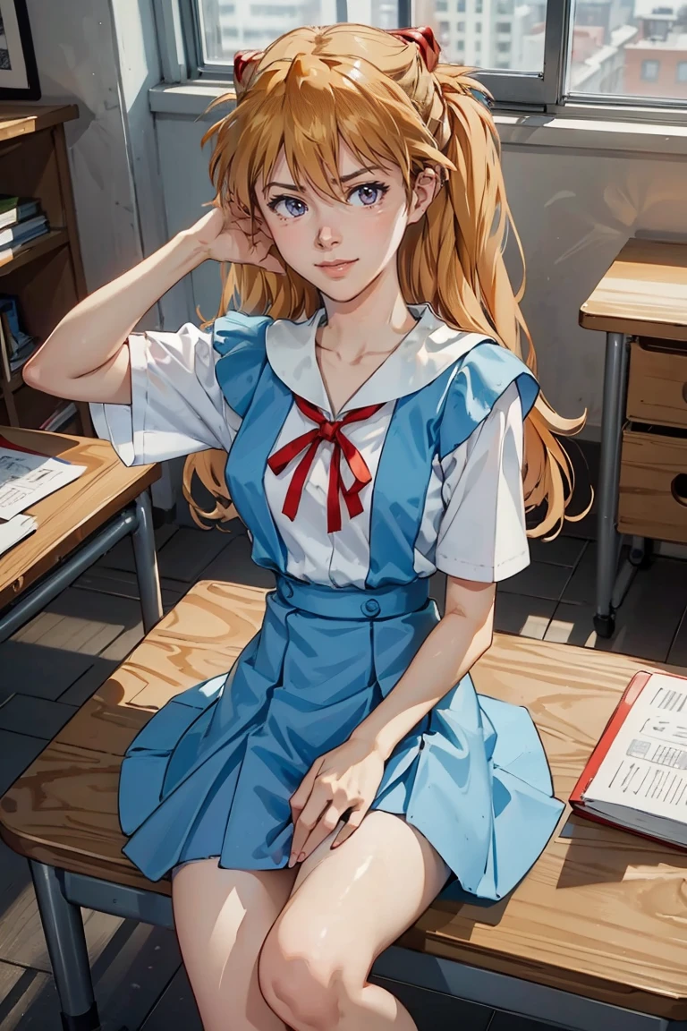 （8K, Highest quality, Pieces fly:1.2)、Dynamic Angle, Ultra-high resolution、anime,1 very cute girl,Asuka Langley,Highly detailed face, Fine grain,blue eyes,,White sailor collar plain short sleeve shirt,Light blue skirt,Light Blue Suspenders,uniform_Red ribbon,Orange Hair,Long Hair、Detailed hand and fingers,put your hands in your hair,Grin、sitting on desk,Shooting from above,classroom