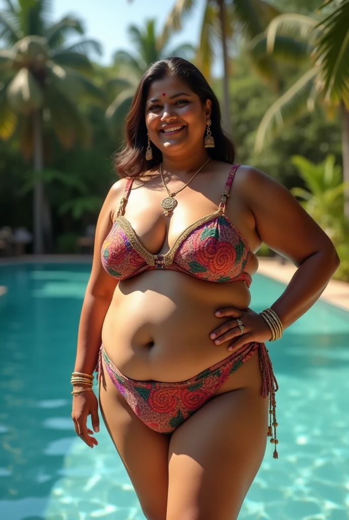 smiling woman in a pink and white bikini standing in a field, dressed in a bikini, wearing a bikini, fat limbs, big , closeup portrait shot, wearing bikini dress mekhela sador, photo taken with canon 5d, shot with premium dslr camera, mid-shot portrait of a beautiful, mid shot portrait, portait image, with lovely look, joyful look