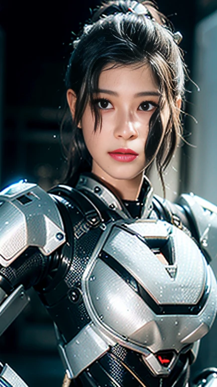 Super Detail, Attention to detail, high quality, 最high quality, High resolution，1 Female robot，Beautiful Female Robot,Beautiful and clear face(Rain Waves_Haneame：1.5)， Mechanical body(smooth metal surface，Silver Armor，Mechanical stitches in the skin，beautiful body curves)，Mechanical body structure,High-tech all over the body(Deva Battlesuit : 1.5)，Streamlined Mechanical Armor (Relatively thick，Accentuate the curves of your breasts),Technology Antenna Hair Accessories