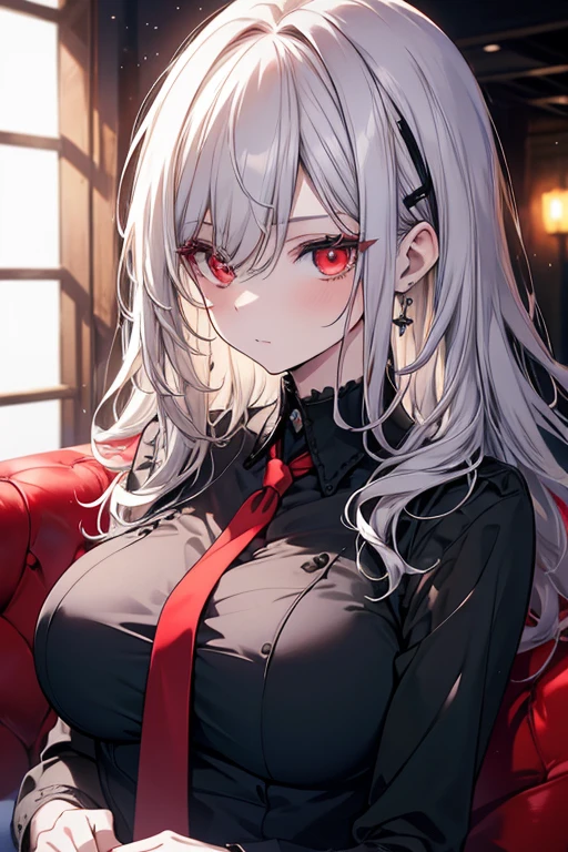 Beautiful caucasian woman, (black_shirt, red tie), solo, (mature woman:1.2), (pixiv:1.1), skinny, (red eyes), detailed eyes, black eyeshadow, (silver hair), hair clips, (wavy hair, hair strands, messy hair), collarbone, (beautiful round breasts), sitting on couch, cinematic lighting, intricate details, indoors, portrait, looking at the viewer, professional, HD, 8K, (absurdres:1.2), ultra-detailed, (masterpiece, best quality), vivid colors, bokeh, highly focused, professional photography, close-up face, (detailed face)