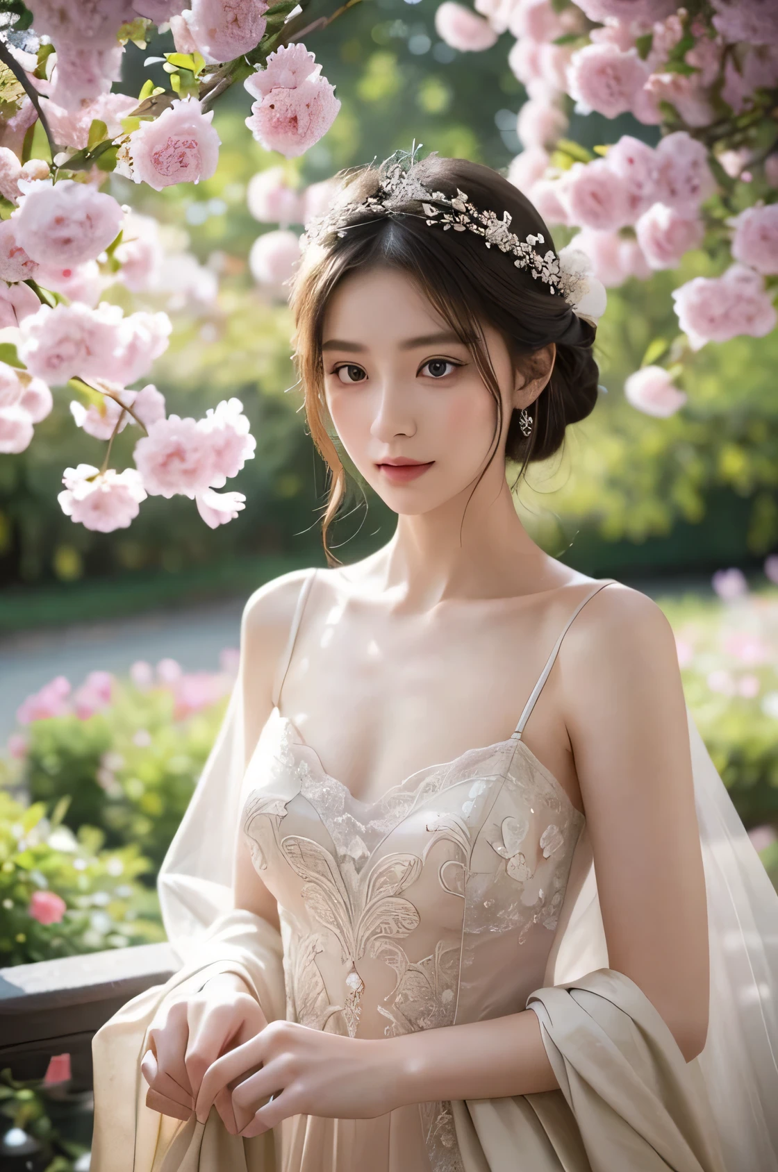 photo, photo realistic, (photorealistic:1.4), best quality, high quality, 4K, RAW, masterpiece, realistic lightning, beautiful face,
1girl, solo, (18 years old), (japanese:1.3), gravure idol, (medium breasts),
black hair, (short hair:1.2),
((light) pink lips), closed mouth, (smiling:0.8),
(bride:1.2), ((white:1.4) wedding dress:1.2), wedding veil,
looking at viewer, (upper body), (beautiful arms:1.2), (side view),
BRAKE,
(outdoors:1.4), sitting on garden