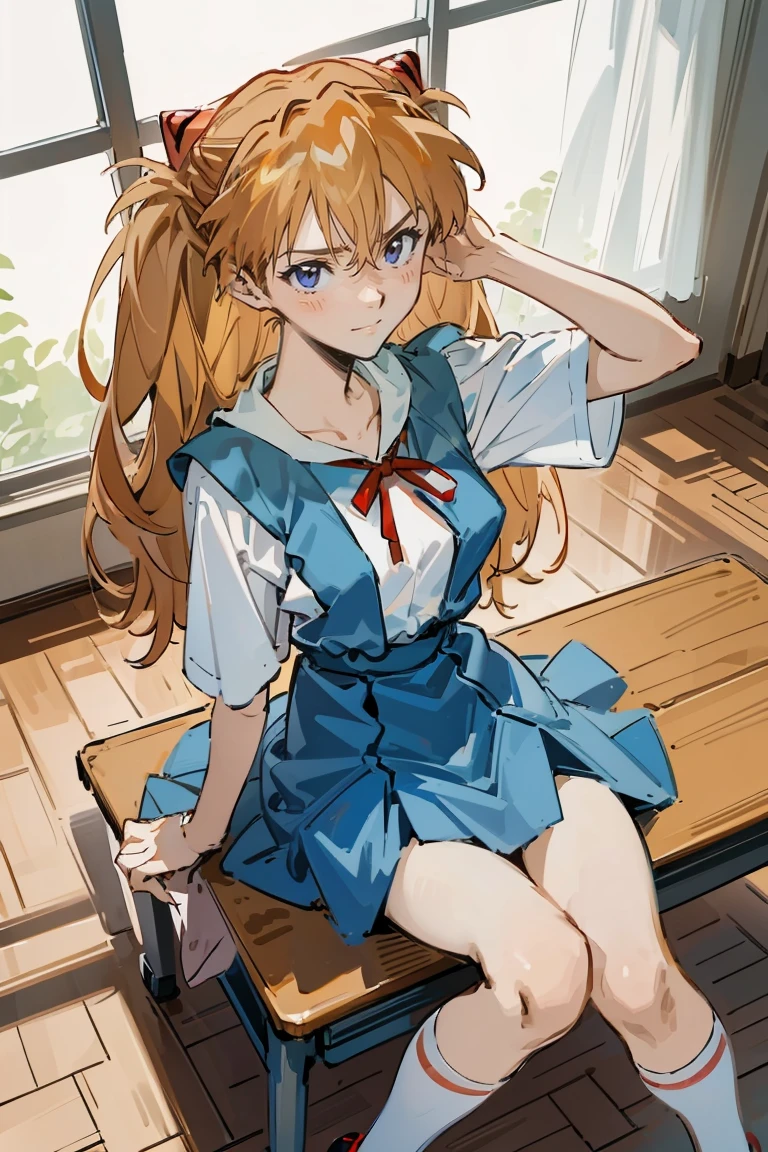 （8K, Highest quality, Pieces fly:1.2)、Dynamic Angle, Ultra-high resolution、anime,1 very cute girl,Asuka Langley,Highly detailed face, Fine grain,blue eyes,,White sailor collar plain short sleeve shirt,Light blue skirt,Light Blue Suspenders,uniform_Red ribbon,Orange Hair,Long Hair、Detailed hand and fingers,put your hands in your hair,Grin、sitting on desk,Shooting from above,classroom