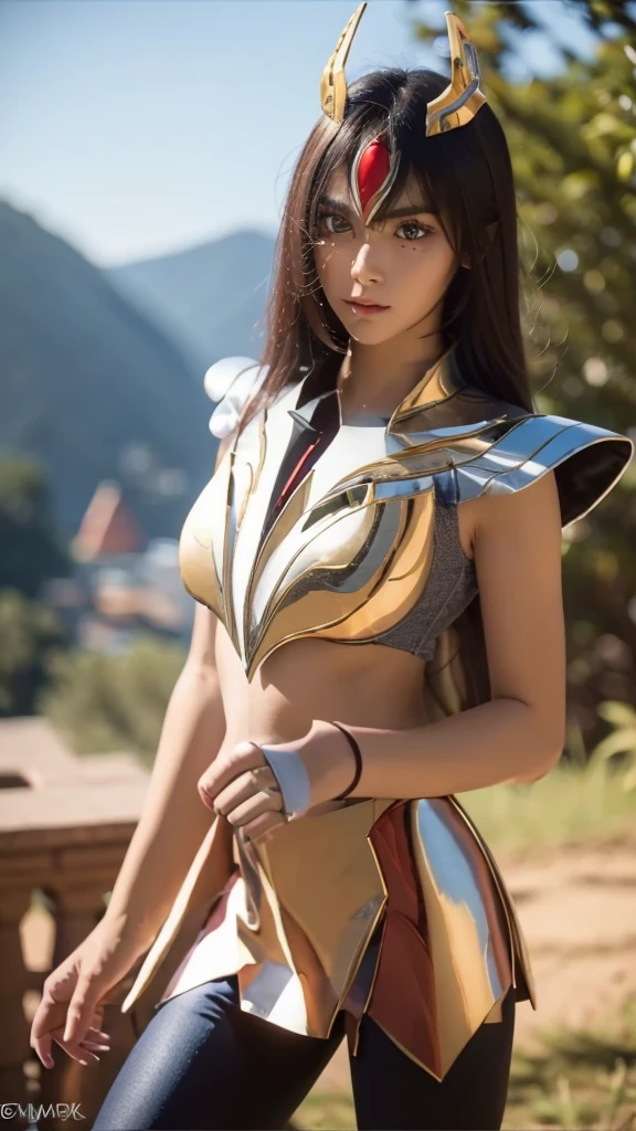 An Indonesian-styled futuristic suit worn by a girl depicting cultural fusion and modern fashion. The suit is adorned with intricate patterns and vibrant colors, showcasing the rich heritage of Indonesia. The girl stands confidently in a dynamic pose, with her detailed eyes reflecting determination and curiosity. The suit's material is a combination of traditional textiles and futuristic synthetic fabrics, giving it a unique and avant-garde appearance. The overall image quality is of the highest standard, with sharp focus and ultra-detailed rendering. The artwork employs physically-based rendering techniques, resulting in realistic lighting and shadows. The colors are vivid and vibrant, capturing the essence of Indonesian cultural aesthetics. The background features a fusion of modern architecture and traditional elements, creating a harmonious blend of the past and the future. The prompt explores the intersection of Indonesian culture, futuristic design, and the artistic representation of a confident girl, beautiful warrior woman in golden greek armor, porfect human face detailed, Jet black hair, hoplite helmet, muscular, huge naked breasts, I look at the viewer, foreground, model photo poses, work of art, best qualityer, 8K, nblurry background, medieval fantasy castle in the background, (Best quality, 8k, 32k, masterpiece, UHD: 1.2), professional photo, (((with bra))) realistic photo, fantasy, multiple angles,beauty warrior photo, sexy, (Goddess of beauty), 1girl, legs spread wide, showing pussy, pubic hair sticking out of the armor, ((large breasts, gigantic showing: 1.2, long natural breasts sticking out of the armor)), ((erotic body, curved body, perky ass, Seraphina is a knight who likes to show off her naked body, her beautiful breasts and her smooth pussy, naked, her intimate female parts, her breasts exposed, pussy exposed)), her captivating beauty blends harmoniously with her exceptional skill. Her blue eyes shine with determination, while her golden hair