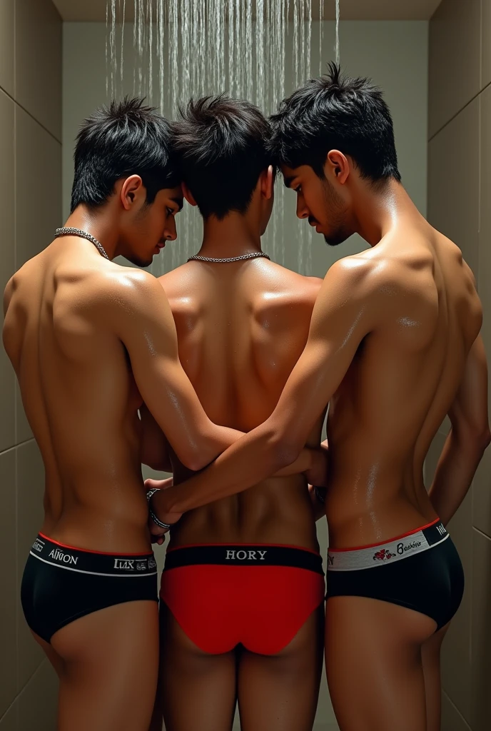 a young indian boy, 2 boys in black and red color underwear, detailed facial features, beautiful eyes, detailed lips, detailed skin, muscular bodies, sensual poses, intimate moment, chiaroscuro lighting, cinematic composition, dramatic shadows, moody atmosphere, romantic, dark fantasy, highly detailed, 8k, photorealistic, masterpiece  in day with full lights. And were Lux classic trunk underwear only