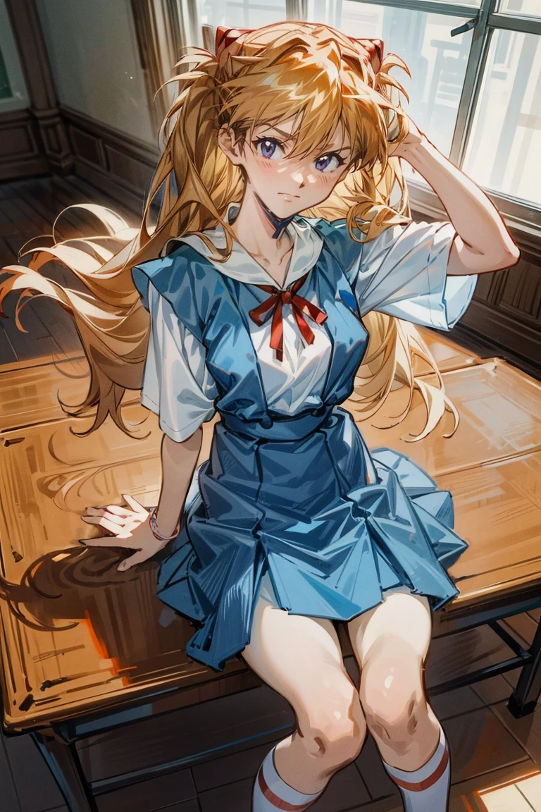 （8K, Highest quality, Pieces fly:1.2)、Dynamic Angle, Ultra-high resolution、anime,1 very cute girl,Asuka Langley,Highly detailed face, Fine grain,blue eyes,,White sailor collar plain short sleeve shirt,Light blue skirt,Light Blue Suspenders,uniform_Red ribbon,Orange Hair,Long Hair、Detailed hand and fingers,put your hands in your hair,Grin、sitting on desk,Shooting from above,classroom