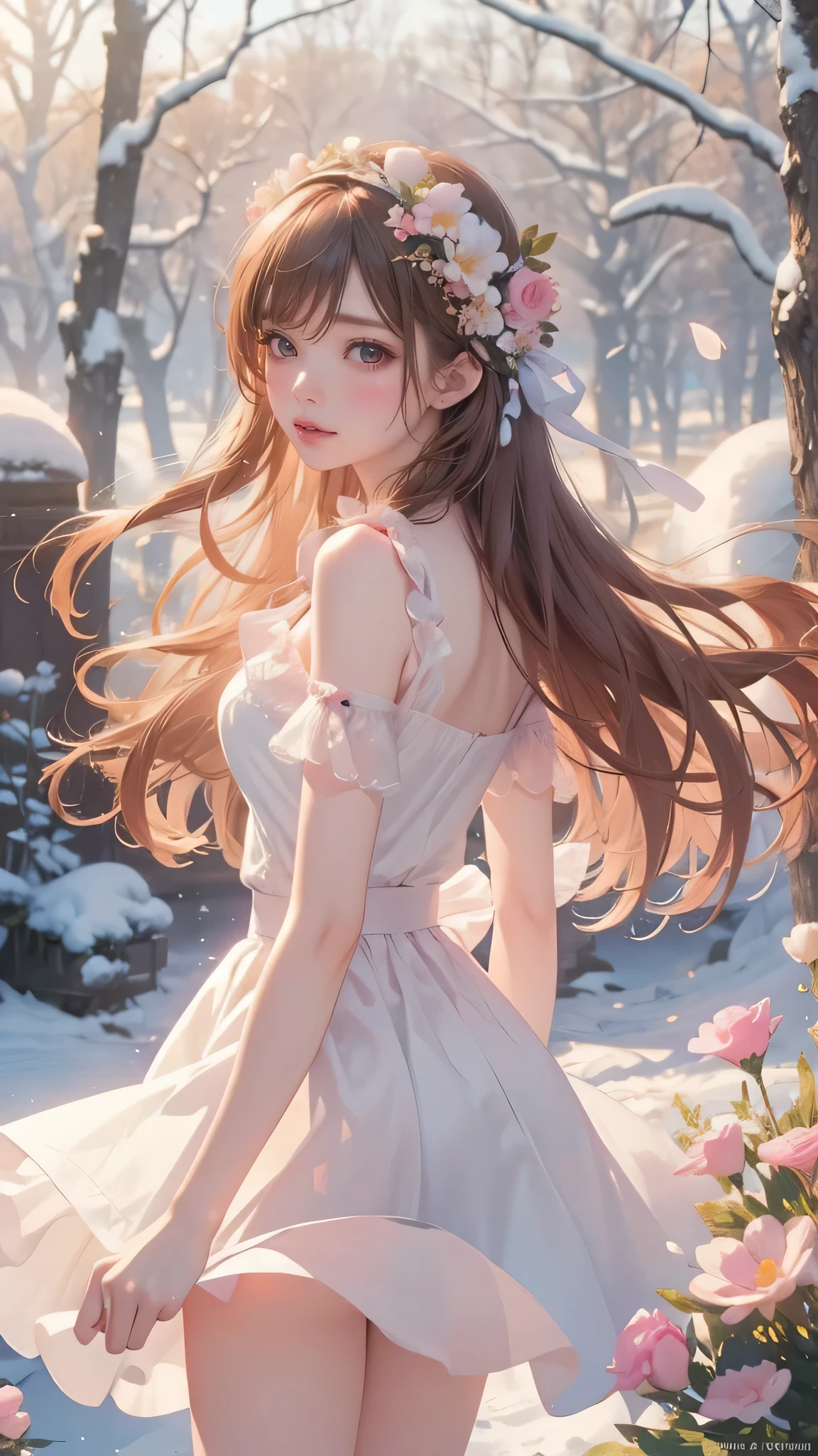 super high quality、clear and beautiful eyes,(masterpiece、8K、Top quality)、(Soft Light:1.3), Delicate face, Delicate eyes, skirt, Beautiful digital artwork, landscape, Backlight, Lots of flowers, forest, Bright Eyes, Winters, Warm, Warm light, snow