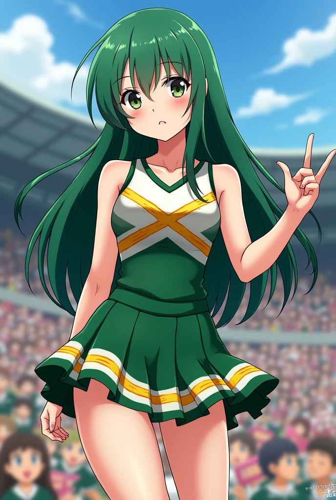 Three cheerleaders in green and white outfits doing the splits, Topaz and Aya Takano, Chiho aoshima color scheme, Japanese mascot, support, Chiho, Strongest pose, Cute playful pose of the dancer, Two Japanese female students posing, aoshima Chiho, Jumping and floating pose, Young Gravure Idol, Beasts