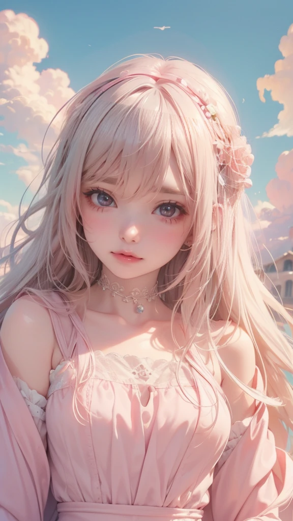 super high quality、clear and beautiful eyes，(masterpiece、8K、Top quality)、(Soft Light:1.3), high quality，4K，Details，Dreamy，Surrealism，Up and down opposites，Parallel Worlds，Girls fall from the sky，Long white hair，Vertical descent，Close your eyes，Keep quiet，Girl in the Clouds，Pink light and shadow，