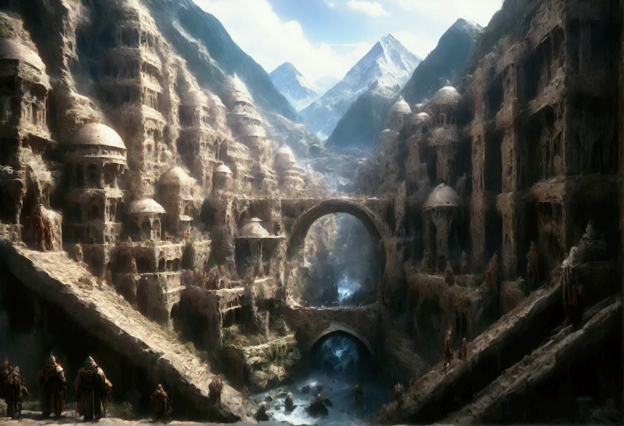 oil art, comic art ancient dwarven city, deep city, built into the mountain, massive forge, long corridors, epic Undermountain city, 