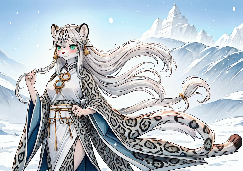 High resolution, top quality, best quality, Paid rewards available,, illustration, hairy, mammal,snow leopard personification，woman，whole body，tibetan style，Tibetan jewelry，Dark blue coat，white lining，清澈的Sky, movie lighting, Sky, sunny Sky,，grassland， horizon background,(Snow Leopard Fur:1.1,hairy質感:1.2), (Natural background:1.1,高地grassland:0.9), (Soft natural light:1.1), (Detailed facial features:1.1,expressive eyes:1.2), (calm and serene expression:1.1), (Flowing and layered clothing:1.1), (Gorgeous and intricate accessories:1.1), Fine hairs, exquisite eyes, anime style illustration, whole body 雪豹, Animal ears, Tail, Body hair, 1 名woman孩, whole body, 1 名woman孩, alone, long hair, white hair, *//*, Green eyes, *//*, Dark blue Tibetan clothing，tibetan decoration，Determined eyes，hunter，Smile, Tibetan clothing，繁瑣的Tibetan clothing設計，Warm clothing